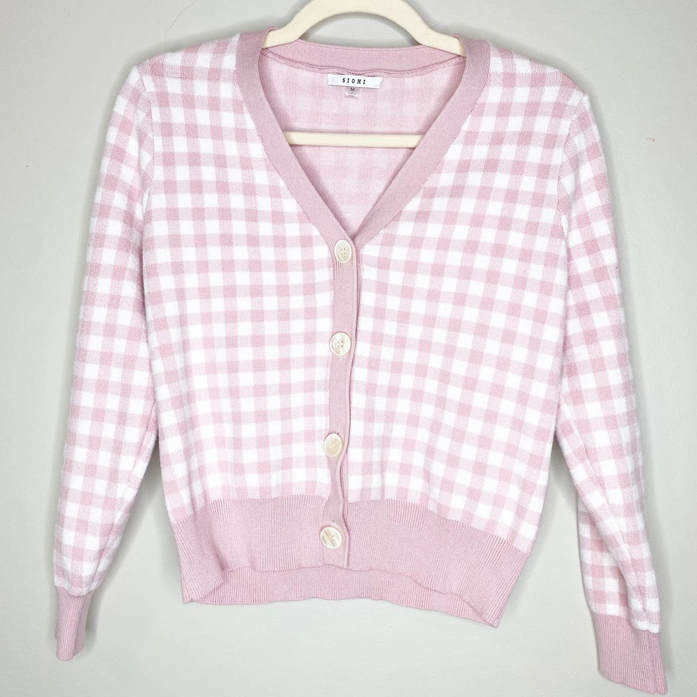 Sioni Pink and White Gingham V-Neck Cardigan